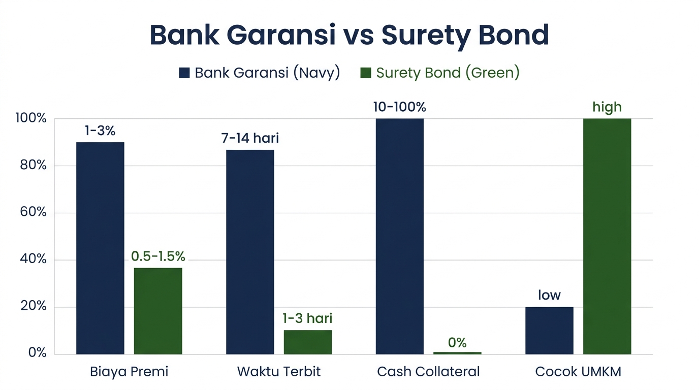 Grouped bar chart: perbandingan bank garansi vs surety bond — biaya, waktu, dan persyaratan