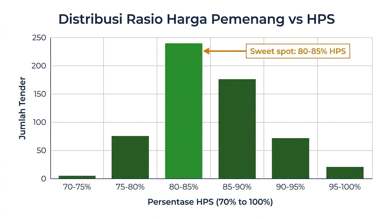Histogram: distribusi rasio harga pemenang vs HPS, sweet spot 80-85%