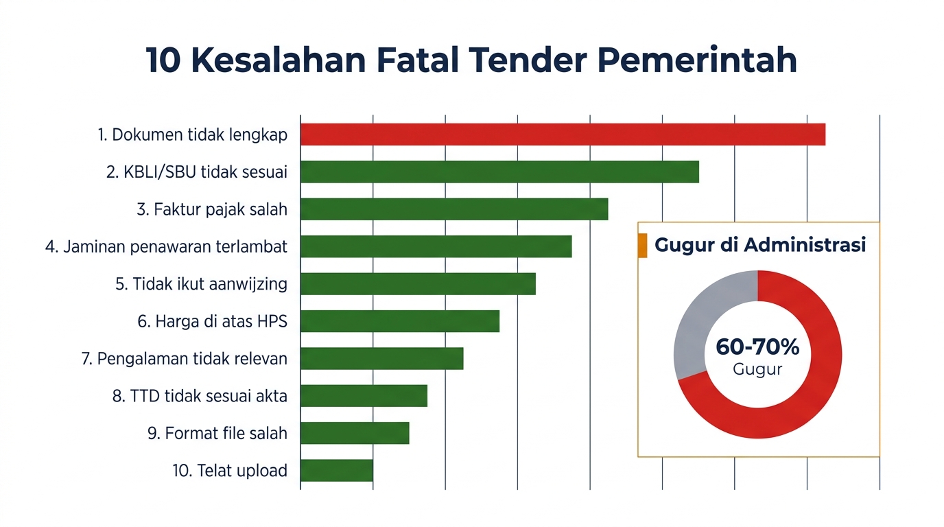 Bar chart: 10 kesalahan fatal tender pemerintah, 60-70% gugur di administrasi