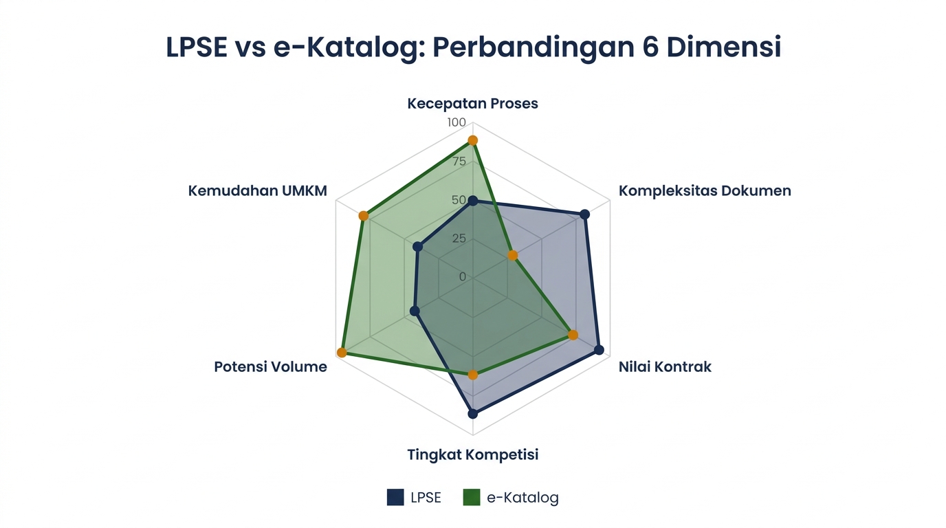 Radar chart: perbandingan LPSE vs e-Katalog dalam 6 dimensi
