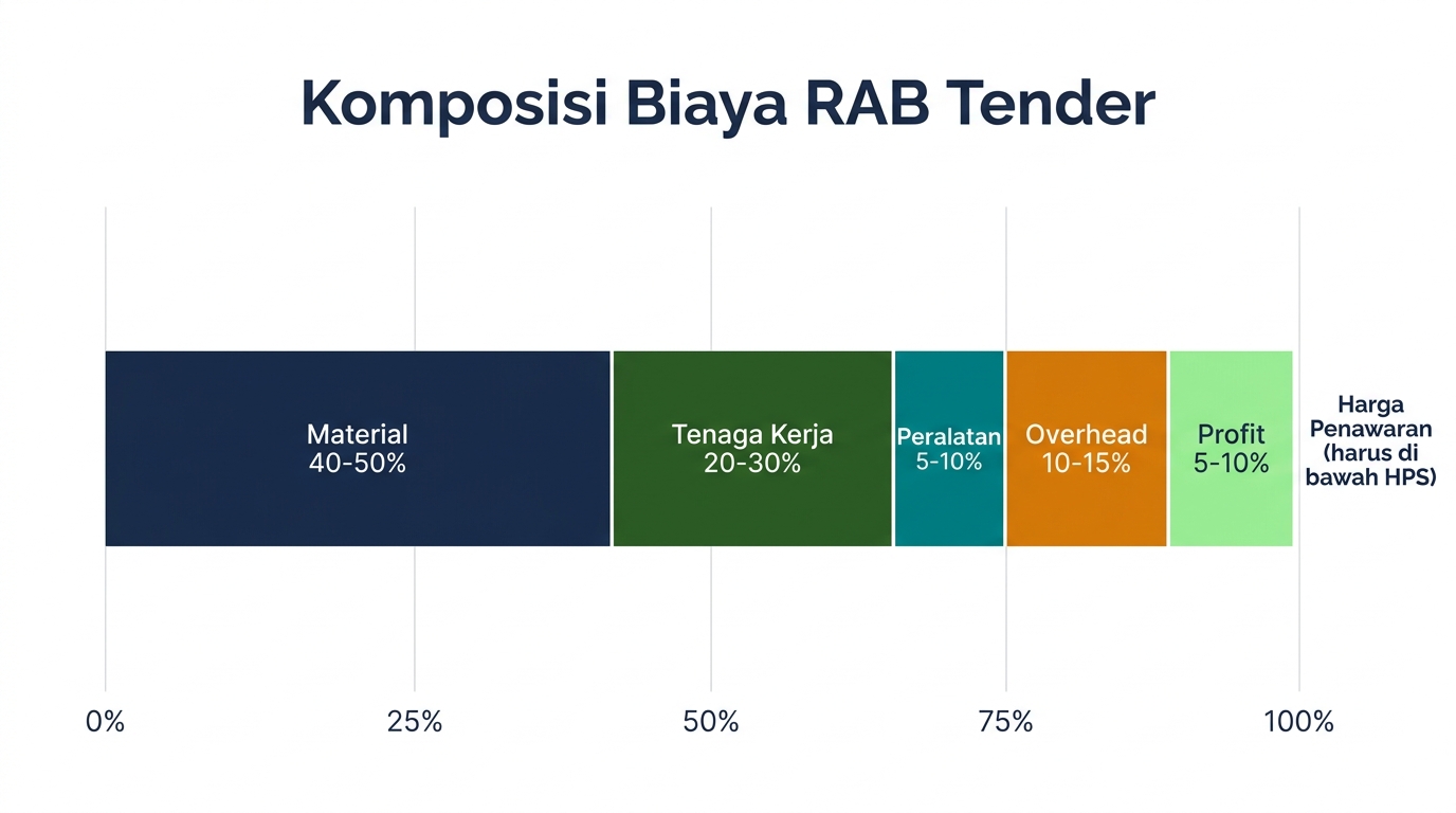 Stacked bar chart: komposisi biaya RAB tender — material, tenaga kerja, peralatan, overhead, profit