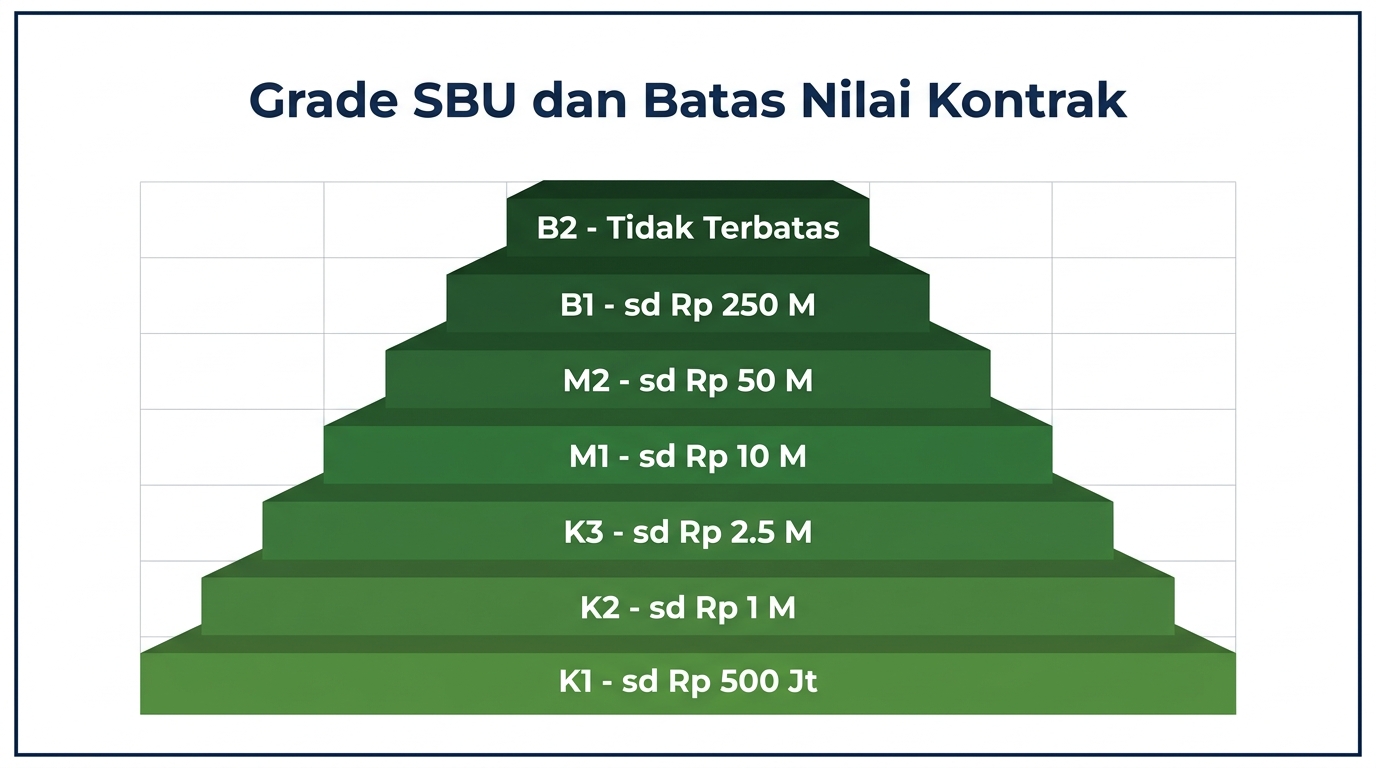 Pyramid chart: grade SBU dari K1 (Rp 500 juta) sampai B2 (tidak terbatas)